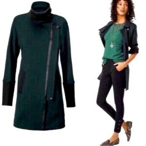 EUC CABI Renaissance stretch knit casual Coat green black vegan leather trim  S